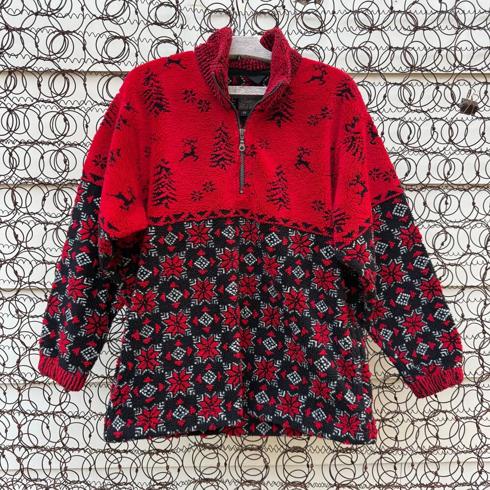 Vintage 90s Tsunami Red Black Pile Fleece Fair Isle Christmas Tree 1/4 Zip SMALL